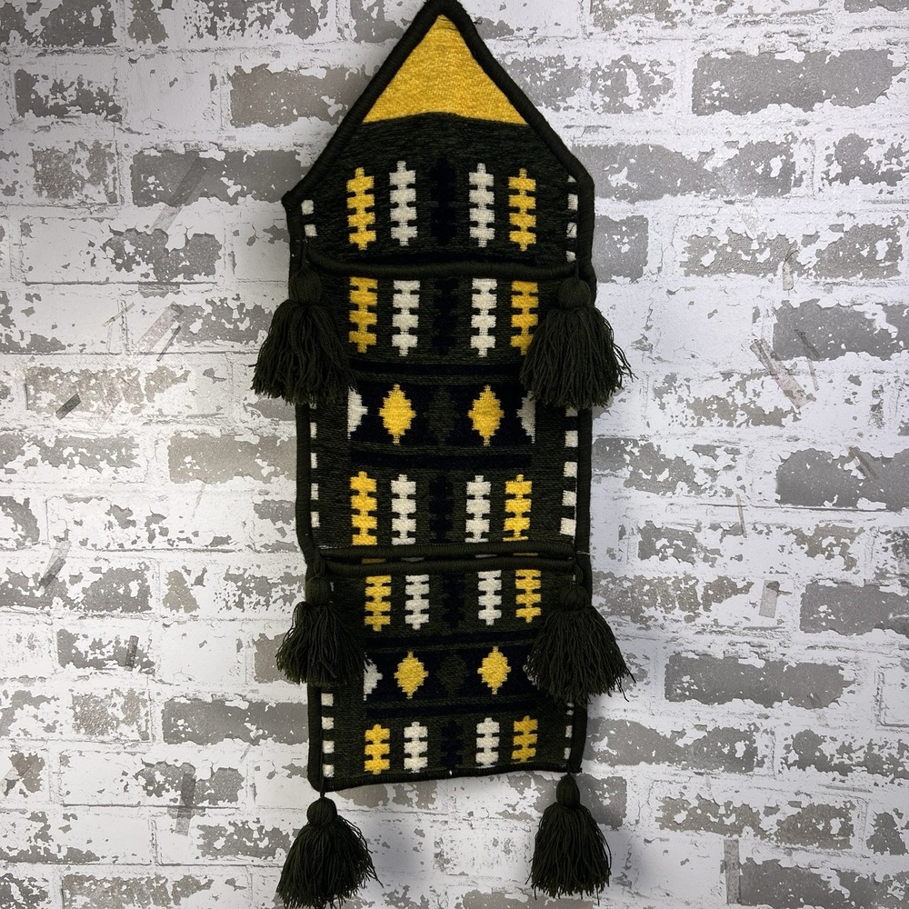 Vintage Syrian Wool Kilim Hanging Wall Pocket Hand Woven Green Gold Tassels 24"